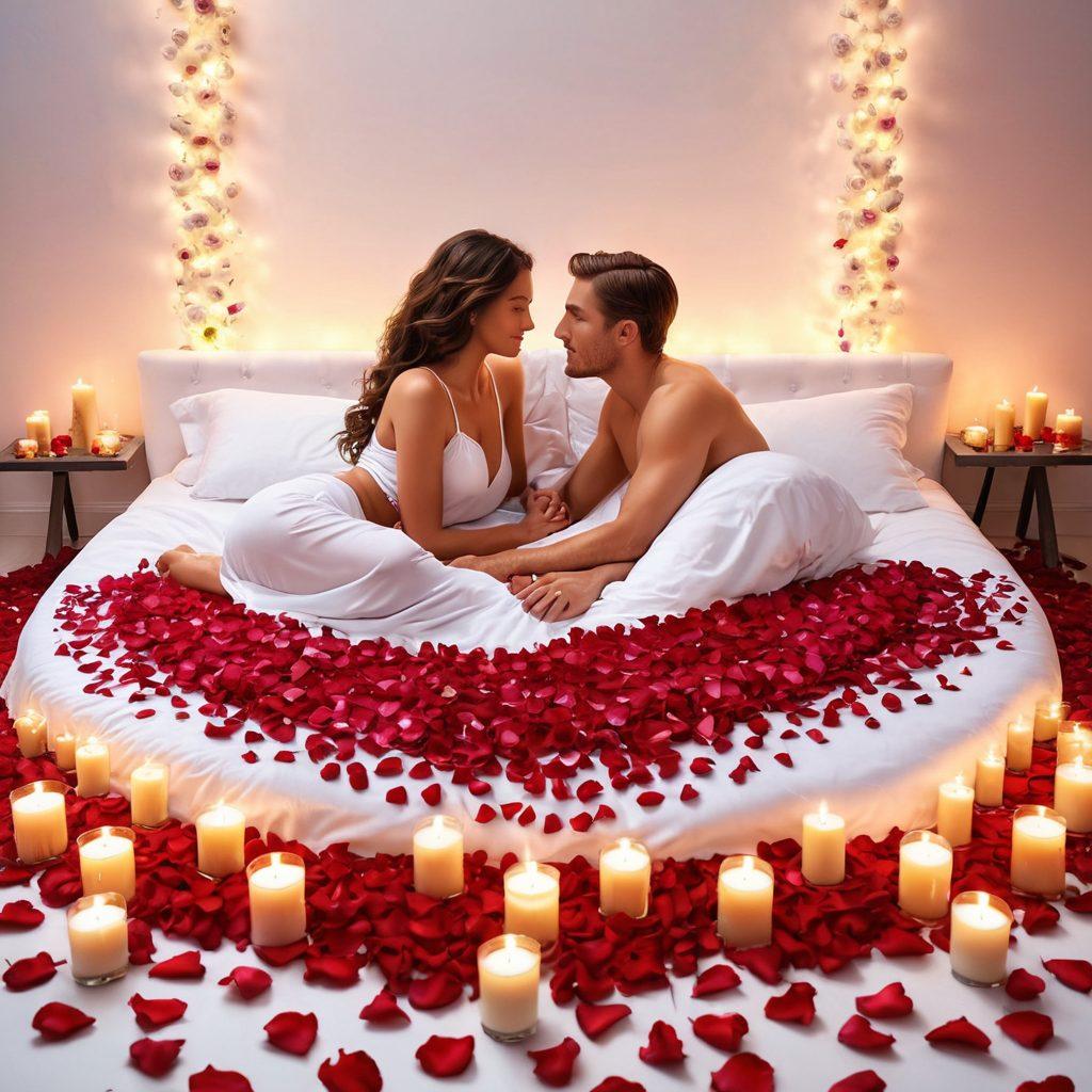 A romantic couple in an intimate embrace on a luxurious bed, surrounded by soft candles and rose petals, exploring their desires with safe practices. The scene is filled with warm, sensual lighting and an aura of deep connection and trust. Sensual and elegant. super-realistic. vibrant colors. white background.