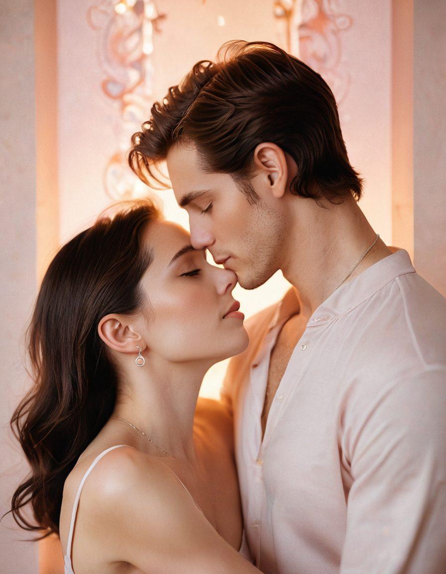 A tender, romantic couple sharing a soft, intimate moment, surrounded by warm, gentle lighting. Alongside them, subtle symbols representing love, trust, and openness. Tastefully integrated elements hint at mature themes like sensual exploration without overshadowing the affection. Art style: elegant, sophisticated, pastel hues, gentle focus, modern art.