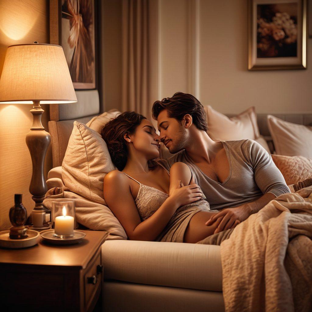 A couple sitting closely on a cozy sofa, their eyes locked passionately, with warm, ambient lighting creating a romantic atmosphere. In the background, a stylish bedroom setting with soft textures and subtle hints of intimacy. A tasteful and elegant representation of anal play accessories on a nightstand. super-realistic. warm colors. intimate ambiance.